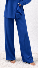 SHEIN Womens Textured Royal Blue Suit Shirt & Wide Leg Trousers Set