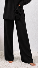 SHEIN Womens Textured Black Suit Shirt & Wide Leg Trousers Set
