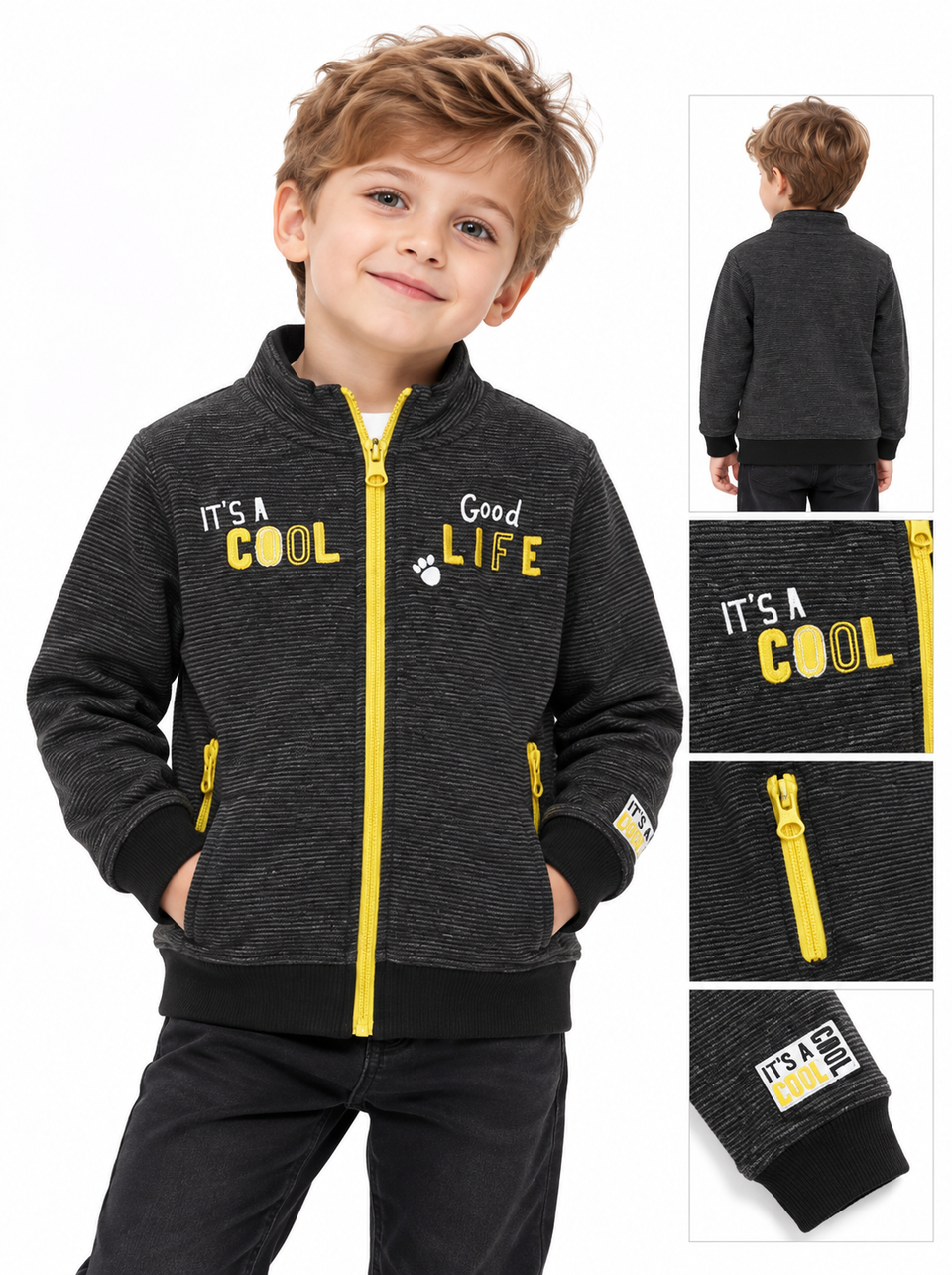 Boys Dark Grey Full-Zip Track Jacket with Yellow Zippers and Graphic Print