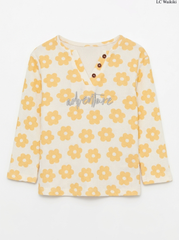 Girls' Yellow Floral Print Henley "Adventure" Long-Sleeve T-Shirt