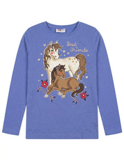 Girls' Blue Horse Graphic Long-Sleeve T-Shirt - "Best Friends" Print