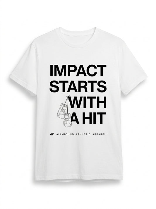 Men’s White Boxing Graphic T-Shirt – "Impact Starts With A Hit" Athletic Cotton Tee