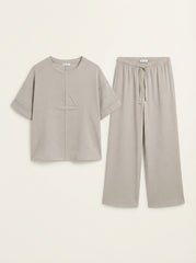 Oysho Taupe Textured Short-Sleeve Co-Ord Set