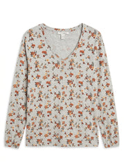 Women's Floral V-Neck Long Sleeve Top – Soft Heather Grey Casual Tee