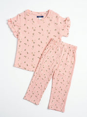 Girls Soft Pink Ditsy Floral 2-Piece Ribbed Lounge Set