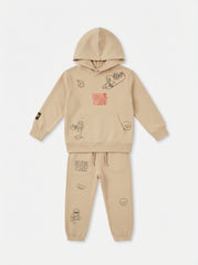 Kids Gaming Character Fleece Hooded Tracksuit Set – Cozy Boys Beige Jogger & Hoodie Outfit