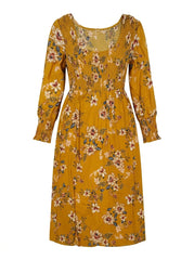 Women Mustard Floral Smocked Bodice Midi Dress