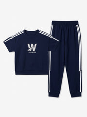Women's Navy & White Short-Sleeve Tracksuit Set