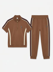 Women's Brown Short-Sleeve Zip-Neck Tracksuit Set