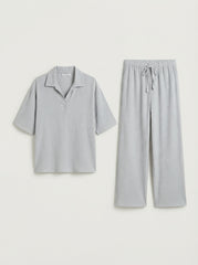 Oysho Light Grey Textured Polo Short-Sleeve Co-Ord Set