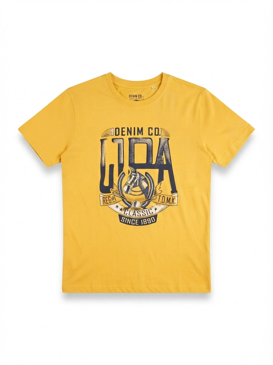 Men's Vintage Graphic Crew Neck T-Shirt – Mustard Yellow Casual Short Sleeve Tee