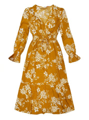Women Mustard Yellow Floral Tiered Midi Dress