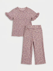 Girls Dusty Pink Floral 2-Piece Ribbed Lounge Set