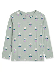 Redtag Girls' Sage Green Potted Flower Long-Sleeve T-Shirt