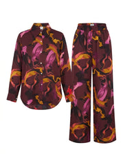 Women Burgundy Swirl 2-Piece Shirt & Wide-Leg Pants Set