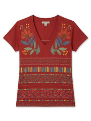 Women’s Floral & Geometric Print V-Neck T-Shirt - Rust Red