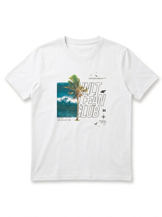 Men's Tropical Graphic T-Shirt - White Cotton Ocean Club Crew Neck Tee