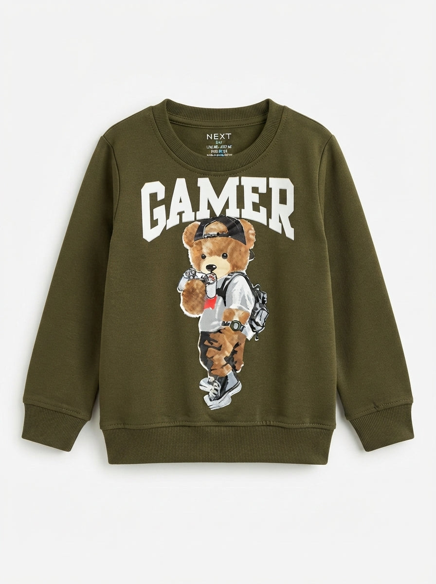 Boys' Olive Green "GAMER" Bear Graphic Sweatshirt – Next