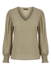 Women Taupe Pleated Long Sleeve V-Neck Blouse