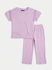 Girls Lilac Floral Ribbed Top & Wide-Leg Pants Set