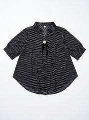 Women Black Dot Print Pearl-Brooch Chiffon Blouse