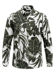 Men’s Olive Green Monstera Motif Casual Half-Placket Shirt