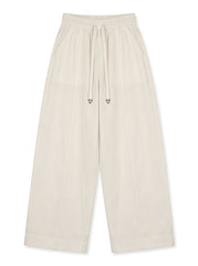 Women's Casual High-Waist Cream Wide-Leg Trousers with Drawstring