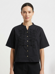 Embroidered Women Mandarin Collar Blouse – Black