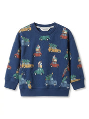 Boys’ Holiday Car Print Sweatshirt – Navy Blue Long-Sleeve Crewneck Pullover