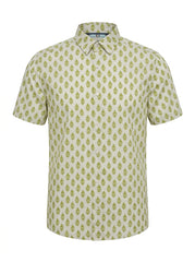 Men’s Regular Fit Green Botanical Print Short-Sleeve Shirt