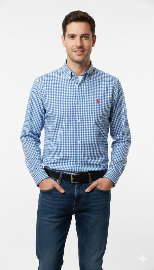 NXT MENS REGULAR FIT MICRO CHECK LOGO SHIRT