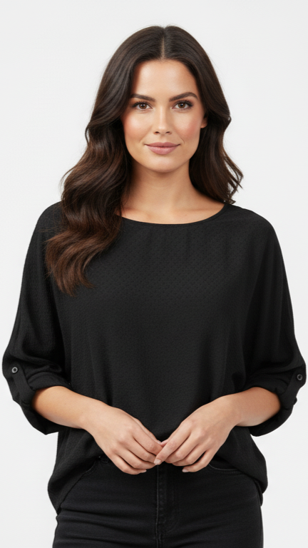 C&A WOMENS ROUND NECK TEXTURED CUFFED TOP