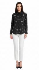 Womens Black Satin Long Sleeve Shirt With White Embellished Pattern