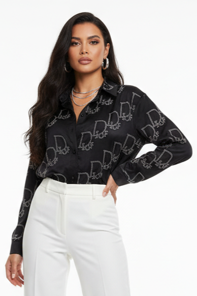 Womens Black Satin Button Up Long Sleeve Shirt