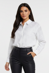 Womens Embellished Button Up Long Sleeve Shirt