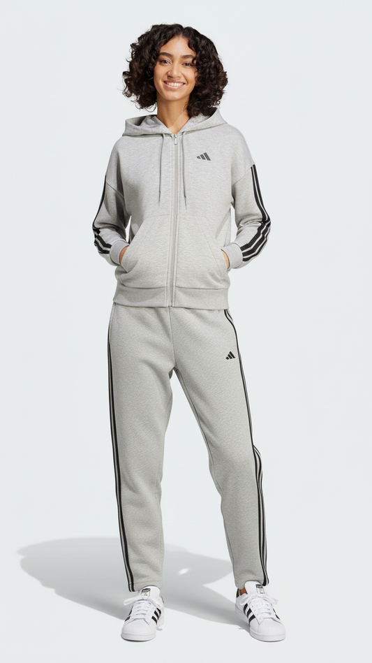 ADI Womens Essentials 3-Stripes Full-Zip Fleece Hoodie And Trouser Tracksuit