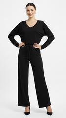 اویشو خواتین کی بنیادی وی گردن بلیک ٹی شرٹ اور چوڑی ٹانگ ٹراؤزر سیٹ