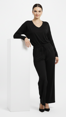 اویشو خواتین کی بنیادی وی گردن بلیک ٹی شرٹ اور چوڑی ٹانگ ٹراؤزر سیٹ