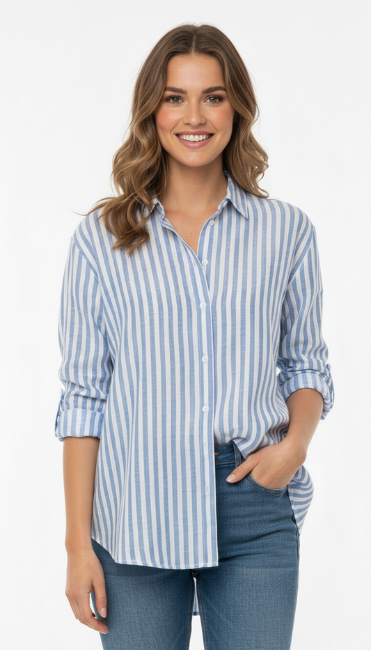 H&M خواتین کی دھاری دار گول ہیم شرٹ