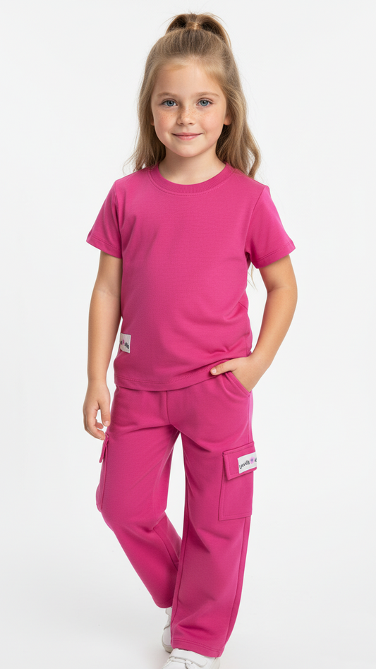 M&S Girls Everyday Essential Dark Pink T Shirt & Cargo Set