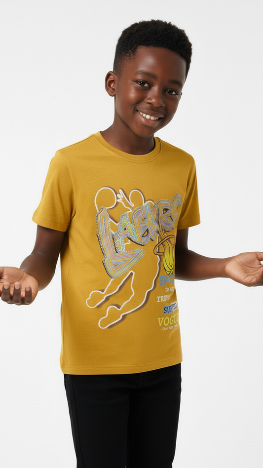 LCW Boys Mustard Graphic Print Cotton T Shirt