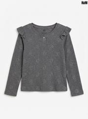 H&M Girls Charcoal Grey Long-Sleeve Ruffle-Shoulder Sparkly Flower Print T-Shirt| SM GARMENTS