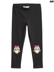 H&M Girls Black Glitter Owl Knee Patch Stretch Cotton Jersey Leggings| SM GARMENTS