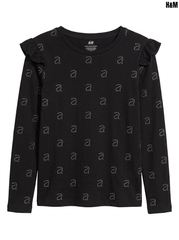 H&M Girls Black Long-Sleeve Ruffle-Shoulder All-Over Letter Print T-Shirt| SM GARMENTS