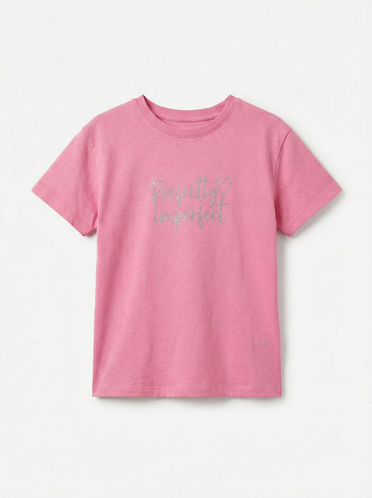 LC WAIKIKI Girls Pink Textured Embroided Text Tee
