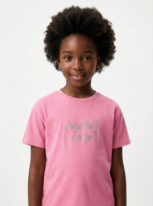 LC WAIKIKI Girls Pink Textured Embroided Text Tee