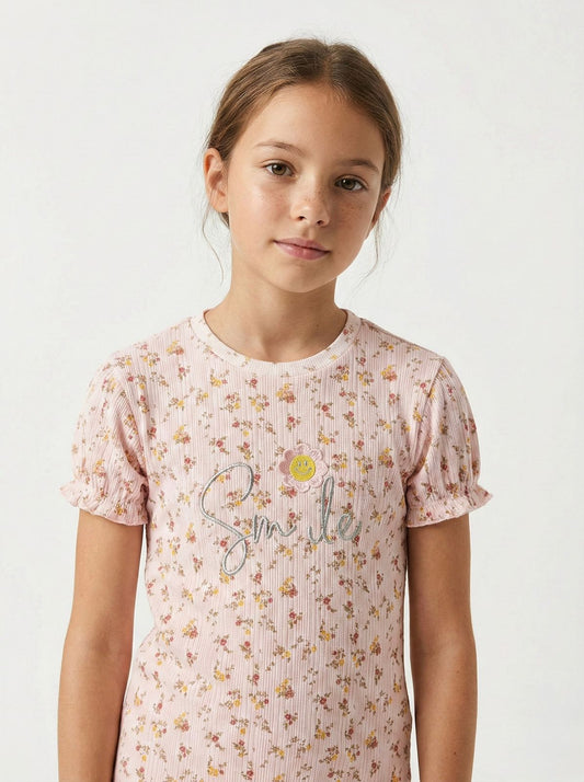LC WAIKIKI Girls Floral Printed Embroided Text Tee