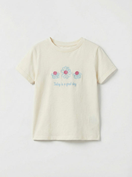 NAME IT Girls White Tee With Glittered Embroided Sunflower