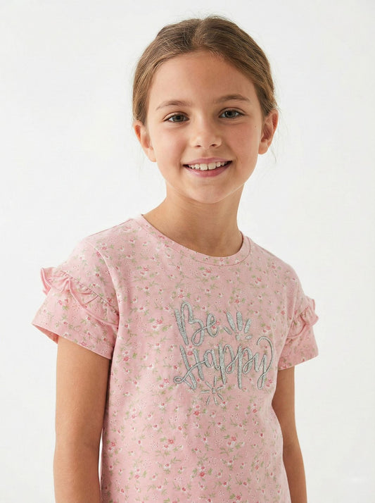 LC WAIKIKI Girls Pink Floral Embroided Text Tee
