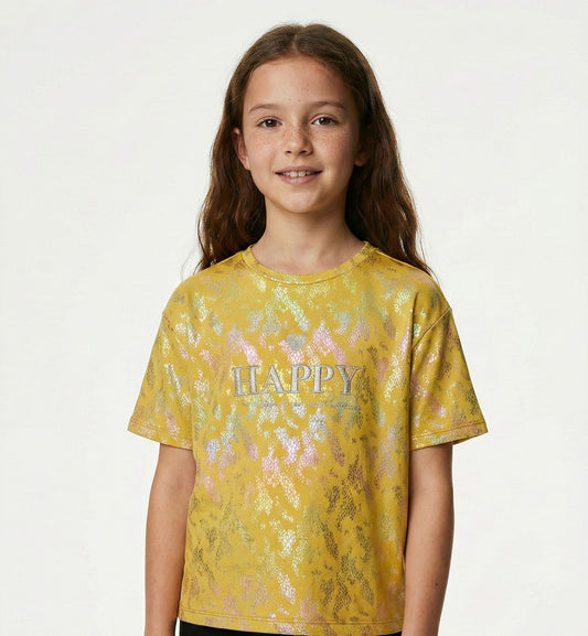 M&S Trendy Girls' Mustard Top "HAPPY" Tee with Shimmer & Patterned Texture